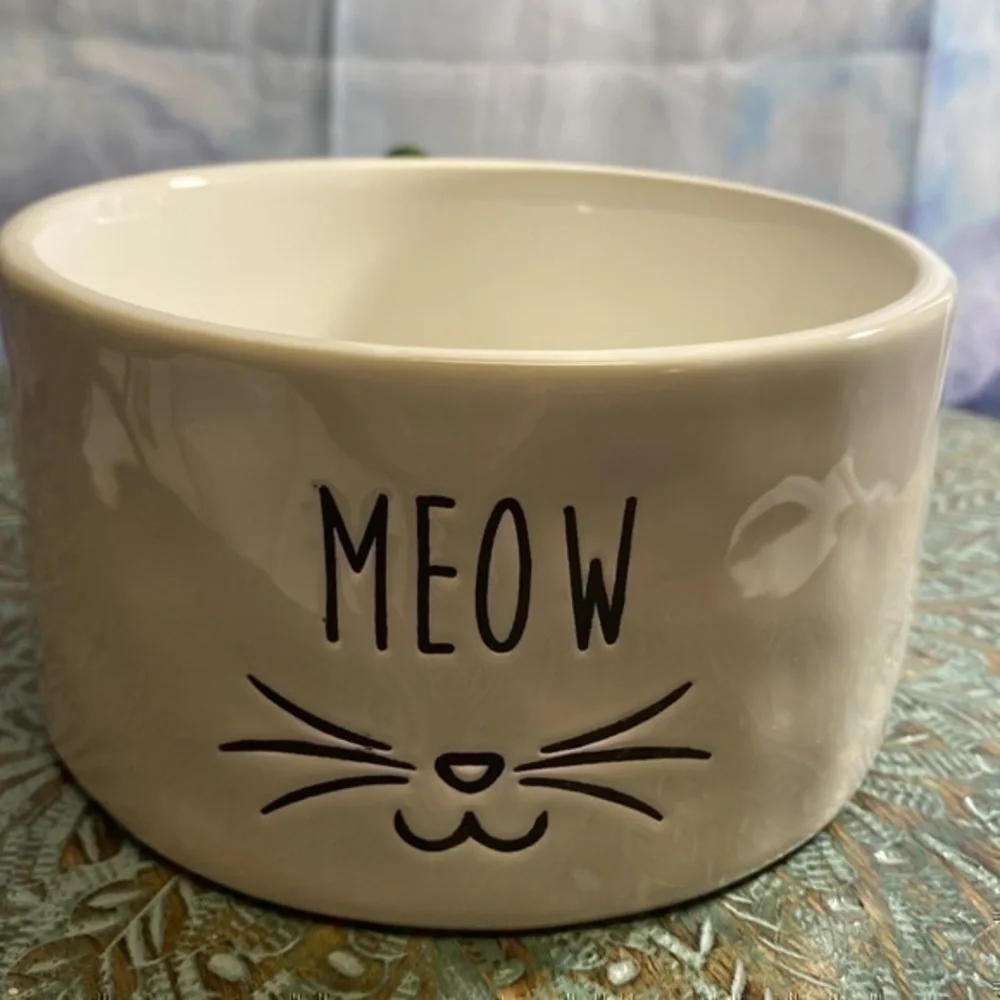 2-Mudpie Ceramic Cat Bowl MEOW Feeding Dish Off White Kitty Face